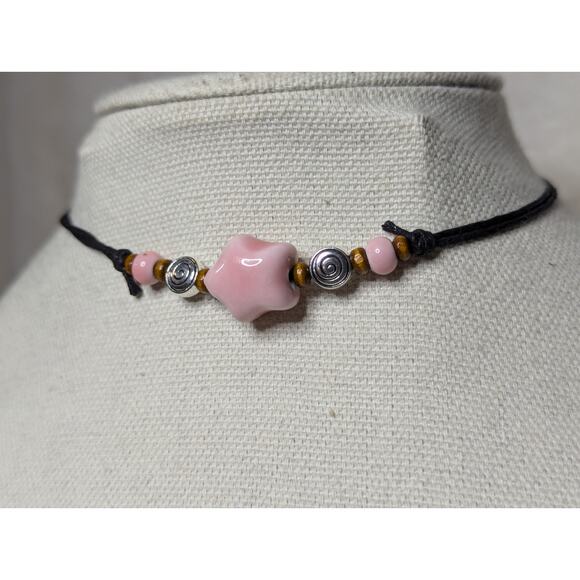Pink Star Y2K Hippie Boho Ceramic Silver Swirl Spiral Beaded Choker Necklace - Picture 2 of 3